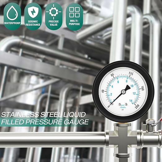 0-200PSI Stainless Steel Liquid Filled Pressure Gauge, 2.5" Dial Size, 1/4" NPT Lower Mount, with Rubber Protective Sleeve, for Tube, Water Pump, Gas, Liquid, Pressure Test
