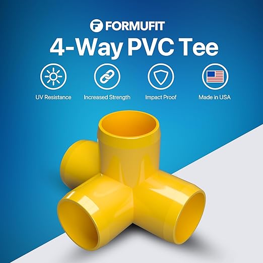 FORMUFIT 3/4” 4-Way Tee Furniture Grade PVC Fitting in Yellow, Made in USA, UV-Resistant, Impact-Proof, 1.050” Actual Socket Diameter (Pack of 8) - F0344WT-YE-8