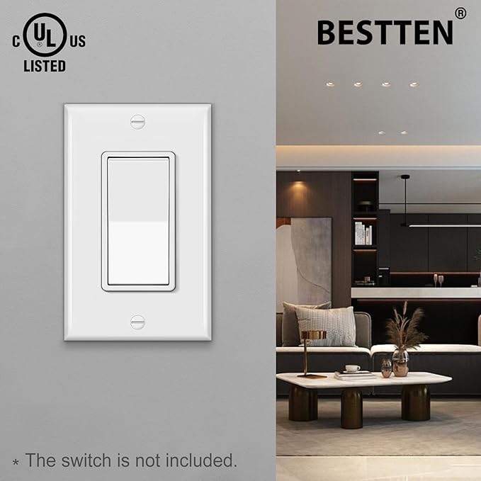 BESTTEN 10 Pack 1-Gang Decorator Wall Plate, Standard Size, H4.53” x W2.76”, Unbreakable Polycarbonate Outlet and Switch Cover, White, UL Listed