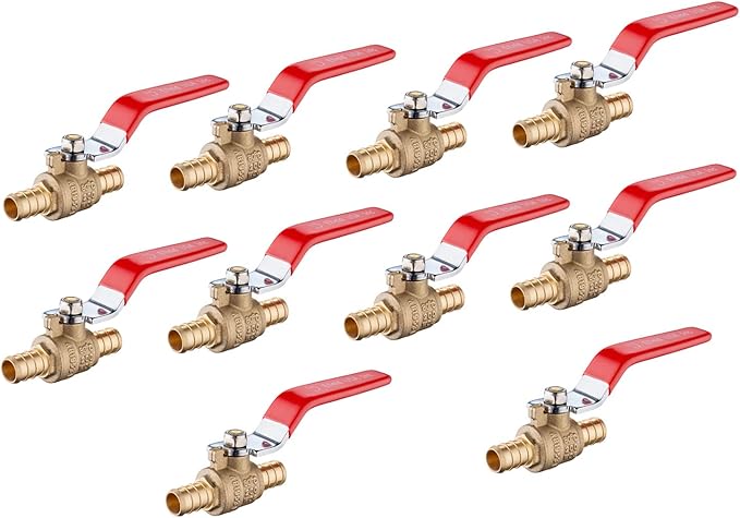 10-Pack EFIELD 3/4 Inch Barb Crimp Pex Brass Full Port Shut-off Ball Valve, Red Level, ASTM F1807,(VALVE019)