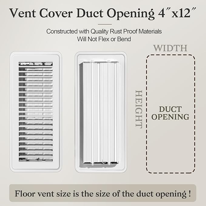 12 PCS Floor Vents Floor Registers 4x12 inch, Heavy Duty Metal Heat Air Vent Covers 4 X 12 with Rust Proof Finish for Home Office Wall Floor Registers Grilles & Vents (12, White, 4x12 Inches)