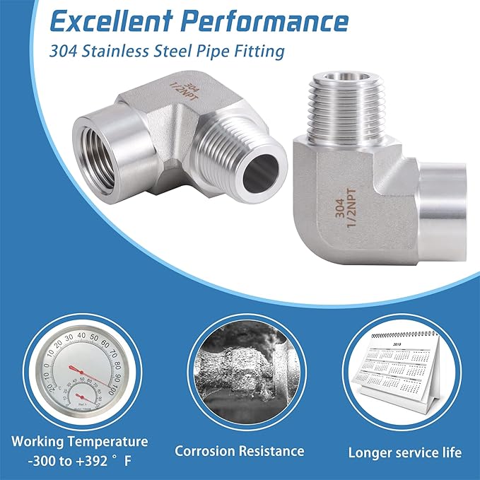 Stainless Steel Pipe Fitting,90 Degree Barstock Street Elbow, 1/2" NPT Male x 1/2" NPT Female (Pack of 2)