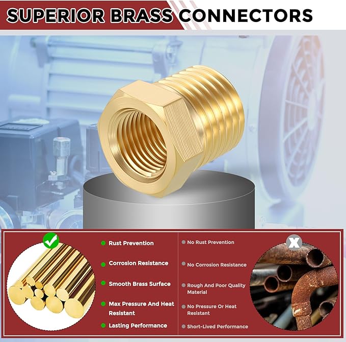 Pack of 10, 1/4" Male NPT to 1/8" FeMale NPT Solid Brass Hex Bushing, Hose Fittings Adapter Reducer Fit for Pipe Leak Repair, Bathroom Remodeling, Tool Extensions, Compression