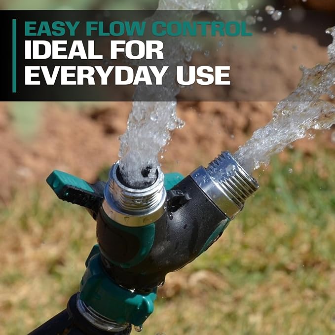 2WAYZ Hose Splitter 2 Way Heavy Duty Outdoor Faucet and Garden Connector - Water Spigot Splitter - Durable All-Metal Y Adapter with Shut-Off Valve - 4 x 4 x 1.5 Inches