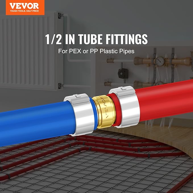 VEVOR Pipe Fittings, 1/2" 50PCS Brass Pipe Fittings, Clamp-style Straight-Through Pipe Connector Brass Air Fittings, Heavy Duty Plumbing Fittings Tube Adapter for Heating/Shower Systems,Water Pipes