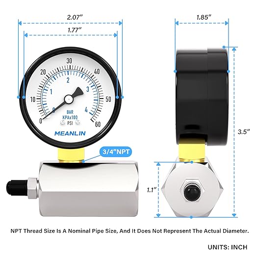 MEANLIN MEASURE 0-60Psi 2" Steel Double Graduated Air Test Pressure gauges, 3/4" FNPT Connection, -3-2-3% Accuracy