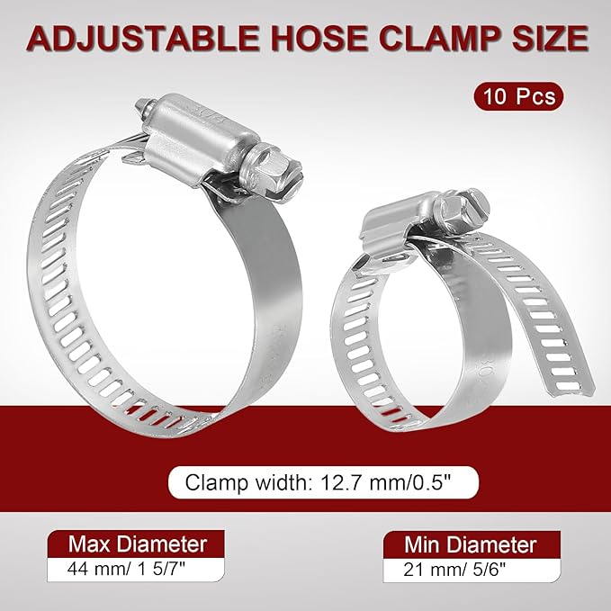 MECCANIXITY Stainless Steel Hose Clamp, Worm Gear Clamp Adjustable 5/6"-1 5/7"(21-44mm) Fuel Line Hose Clamps Duct Clamp for Pipe Plumbing Automotive Mechanical (Pack of 10)