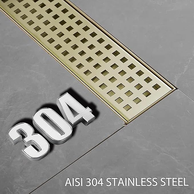 28 Inch Linear Shower Drain Bathroom Kitchen Golden Floor Drain Removable Capsule Pattern Cover Accessories Shower Drain 304 Stainless Steel Drain with Hair Strainer Adjustable Leveling Feet