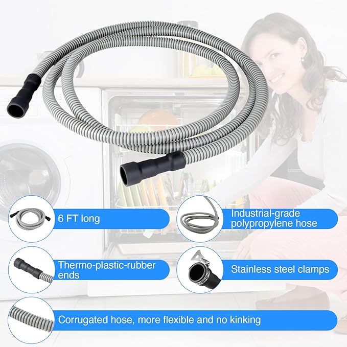 10Ft Universal Dishwasher Drain Hose, Corrugated Discharge Hose Flexible Dishwasher Replacement Drain Hose Extension with 2 Clamps,Fit 5/8"-3/4" and 1"