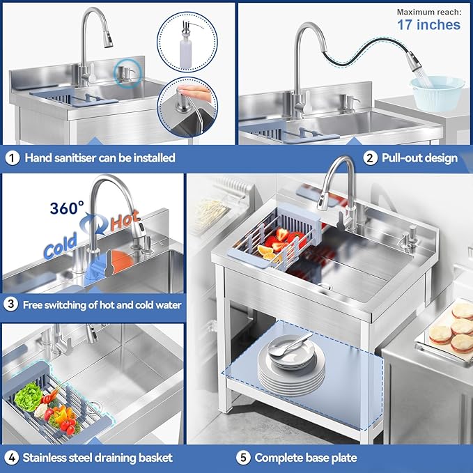 Stainless Steel Utility Sink, 28"Freestanding Sink with Retractable Cold and Hot Water Faucet,Hoses and Drain Kit for Kitchens, Bathrooms, Garage, Laundry Room,Pet Cleaning