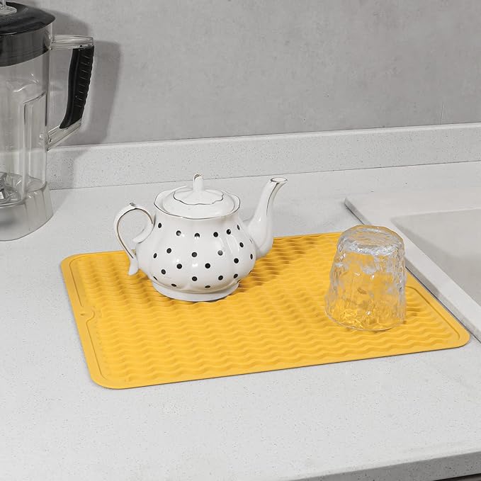 Silicone Dish Drying Mat for Multiple Usage,Easy clean,Eco-friendly,Heat-resistant Silicone Mat for Kitchen Counter or Sink,Refrigerator or drawer liner Yellow L 16 inches x 12 inches