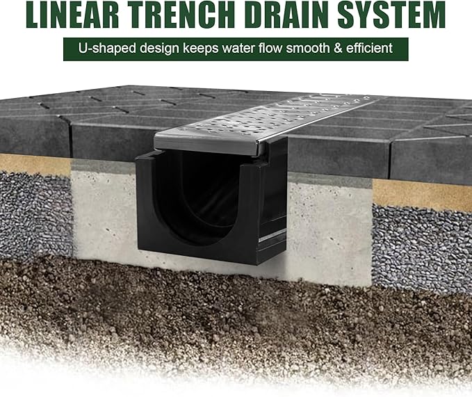 Channel Drain with 304 Stainless Steel Grate-39.4Lx6.1Wx5.5H in. Deep Profile Trench Drain System for Landscaping,Anti Corrosion A15 Drainage System with Metal Grate for Patio Commercial