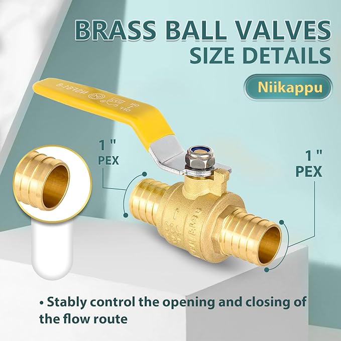 50 Pack Ball Valves, 1" Pex Crimp Shut Off Valve Yellow, Brass Full Port Pex B Shut Off Ball Valve for Hot and Cold Water, NSF/ANSI 61 Certified