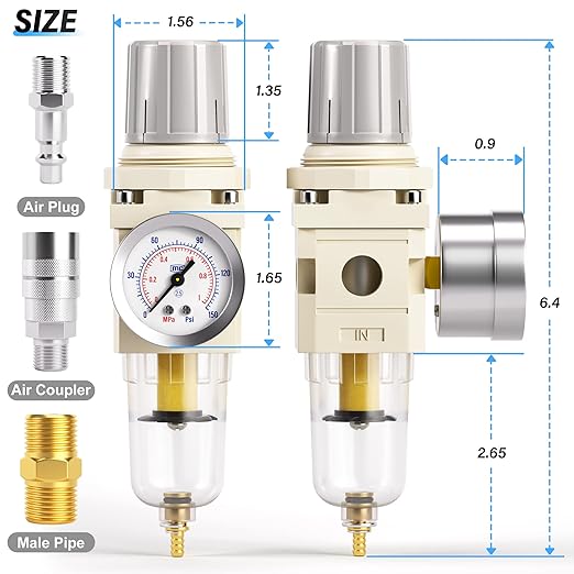 TAILONZ PNEUMATIC 1/4 Inch NPT Air Filter Pressure Regulator Combo Piggyback, Air Tool Compressor Filter with Gauge AW2000-02