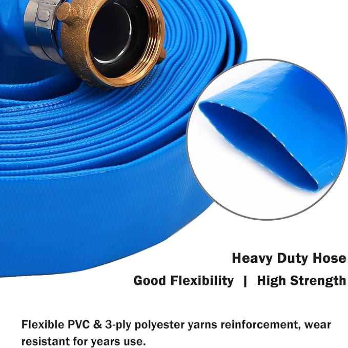 2" ID x 100 ft PVC Lay Flat Discharge Hose with NPT Pin Lug & KC Nipple Fittings, Heavy Duty Reinforced Blue Backwash Pump Hoses for Swimming Drain Pools and Clean Filters