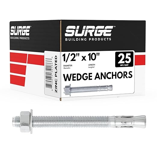 Surge BP - 1/2" X 10" Zinc-Plated Wedge Anchors for Concrete and Cement | Heavy-Duty Expansion Anchor (Box of 25)