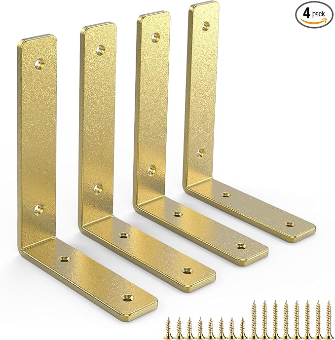 Gold Heavy Duty Shelf Brackets 12 Inch, Extra Thick L Shelving Brackets, Rustic Gold Iron Floating Shelves Wall Mounted with Hardware for DIY Open Shelving, 4 Pack