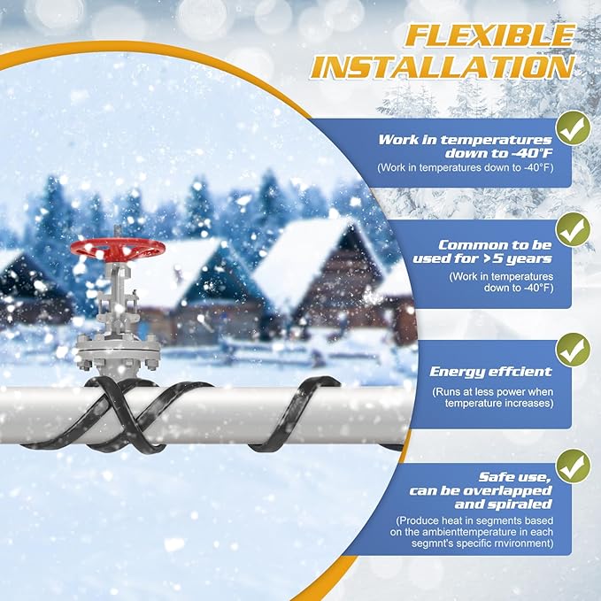 110FT Heat Tape for Water Pipes, -40°F Deicing Cable,Pipe Heat Cables for Roof,Gutter，Farm，Freeze Protetion Heating Wires, Heated Water Hose,Plumbing Fixtures,120V 5W/FT (110FT)