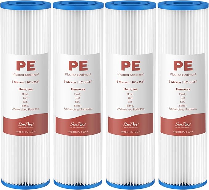 SimPure 10"x2.5" Pleated Polyester Sediment Water Filter Replacement Cartridge 5 Micron Whole House Pre-Filter Compatible with W50PE, WFPFC3002, SPC-25-1050, FM-50-975 - 4 Pack