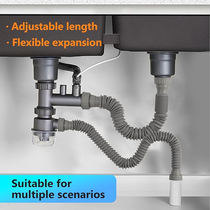 Sink Drain Pipe Kit, 1 Pack Flexible Drain Pipe P Trap, 8.46"-20.67" Flexible P Trap, Under Sink Plumbing for Bathroom and Kitchen, 1-1/4" Adapter Included