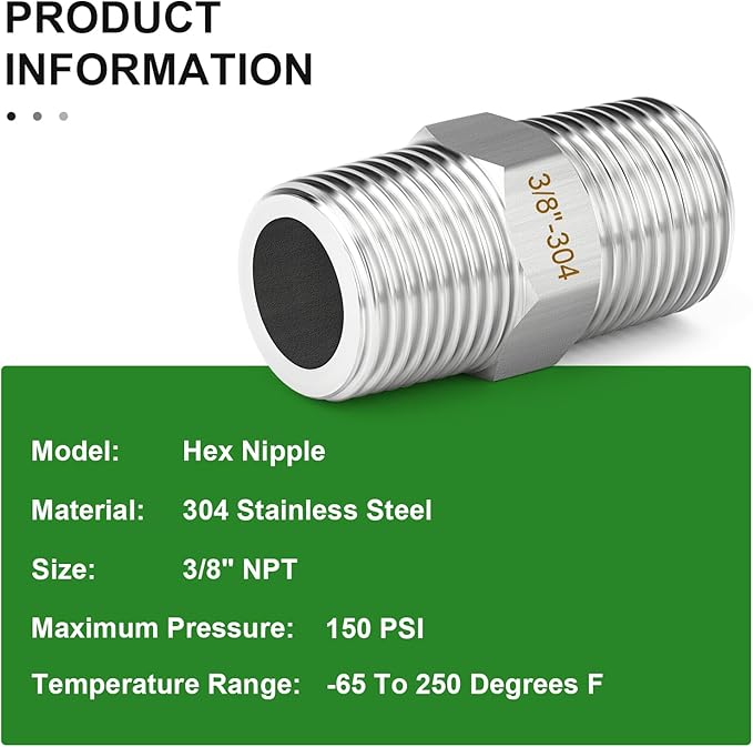 TAISHER 5PCS 304 Stainless Steel New Hex Nipple, 3/8" NPT Male x 3/8" NPT Male, Pipe Adapter Fitting