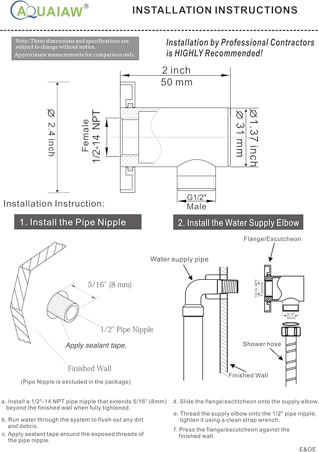 Aquaiaw Wall Supply Elbow with O-Ring Flange, Tapered 1/2 NPT Female Inlet, Solid Brass Wall Union, Round Water Supply Elbow, Electroplate Matte Black, G1/2 Outlet