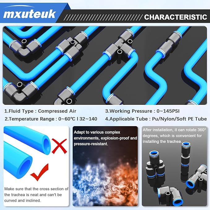 mxuteuk 1/4" OD Push to Connect Fittings,1/4" OD Air Line Fittings,Quick Connect Air Hose Fittings for 1/4" Tube (34PCS)