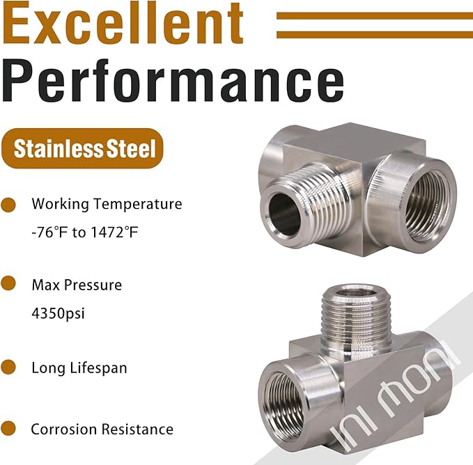 tee pipe fitting NPT 1/4 female x male x female thread 3 way t adapter stainless steel 304 pipe tee connectors for fuel system and air supply line, heavy duty 4350 psi