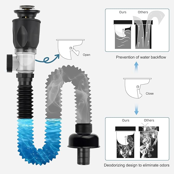 iFealClear Bathroom Sink Drain Kit, Flexible P-Trap Drain Pipe with Pop Up Stopper, Expandable Bathroom Sink Pipe Replacement with 2 Adapters, Fits 1-1/4'', 1-1/2'', 2" Holes, Hair Catcher, Black