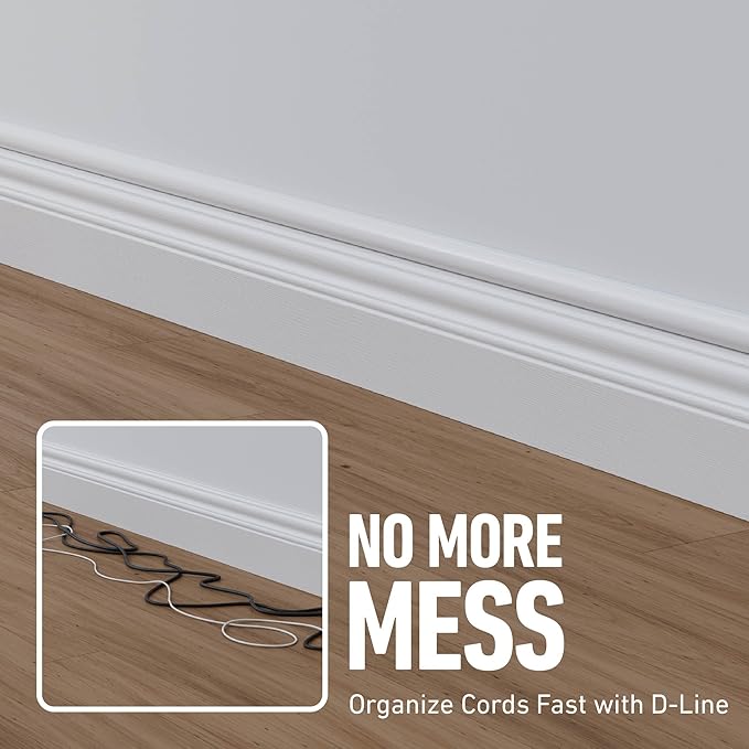 D-Line Cable Raceway On-Wall Cord Cover | 1D3015W | Surface Mount Electrical Channel to Hide and Conceal Cords, Cables, and Wires | White, Paintable