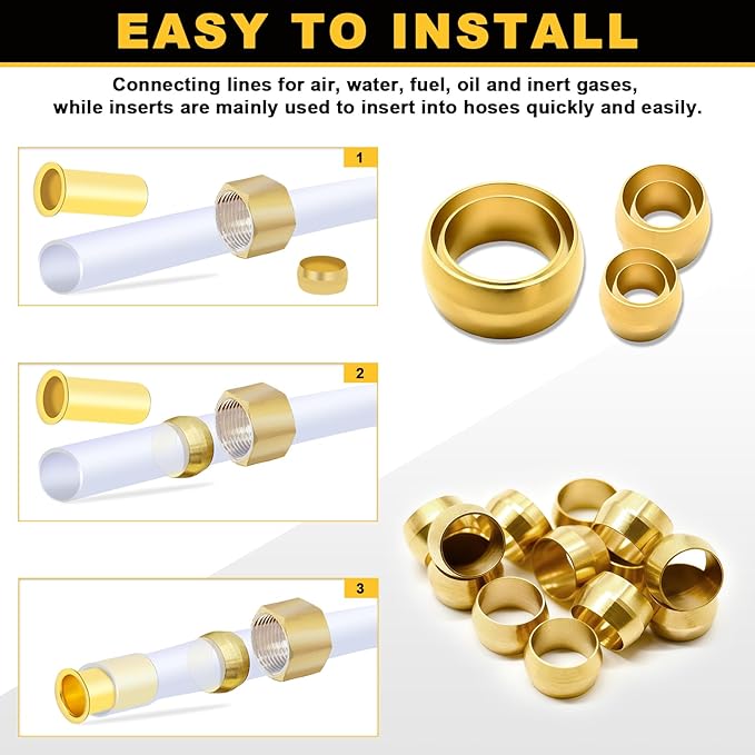 Siptenk 60PCS Brass Compression Sleeves Ferrules for Tube OD 3/8", Hose Compression Fitting Brass Ferrule for DOT Air Brake Lines, Water, Fuel, Oil
