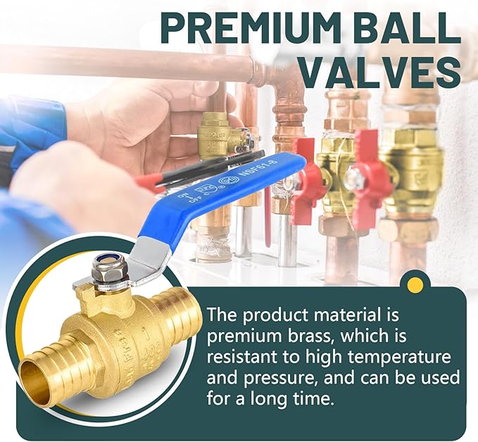 6 Pack Ball Valves, 1" Pex Crimp Shut Off Valve Blue, Brass Full Port Pex B Shut Off Ball Valve for Hot and Cold Water, NSF/ANSI 61 Certified