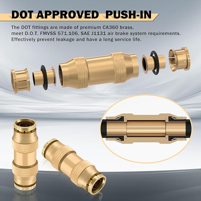 CheeMuii 23 PCS Brass DOT Air Line Fittings with 30FT 1/4" and 20FT 3/8" DOT Air Line Kit Push Lock Quick Connect Fittings with Pneumatic Tubing Set