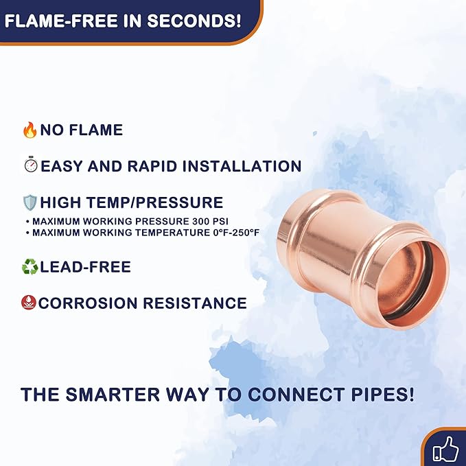 Copper Press Fittings 1/2 inch Coupling No Stop Zero Lead P x P Plumbing Fittings for Residential Commercial 10-Pack