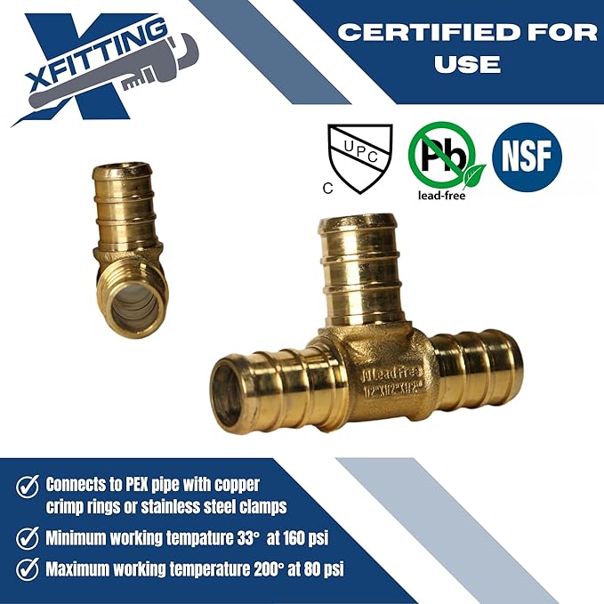 XFITTING 1/2 inch x 1/2 inch x 1/2 inch Pex Tee, Pex B Crimp Version 23-3-3=10X, 10 Pieces