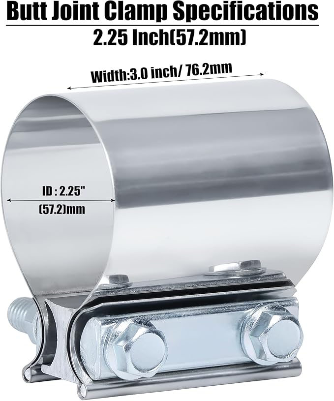 2.25 Inch Exhaust Clamp, 2 1/4 Inch Butt Joint Exhaust Pipe Muffler Band Clamp Sleeve Coupler Stainless Steel(4Pcs)