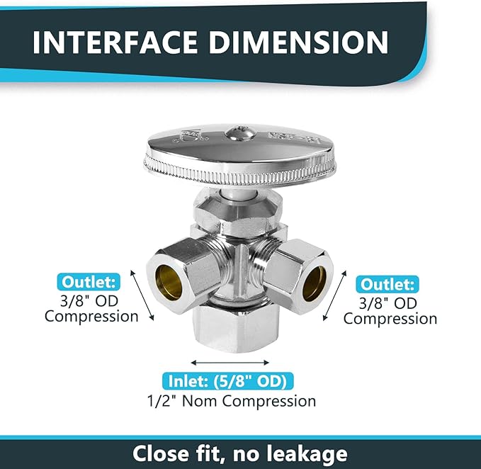 (Pack of 50) Seelink Multi-Turn Dual Outlet Angle Stop Valve, 1/2" NOM (5/8" OD) Inlet x 3/8" OD Outlet x 3/8" OD Outlet, Chrome Plated Brass
