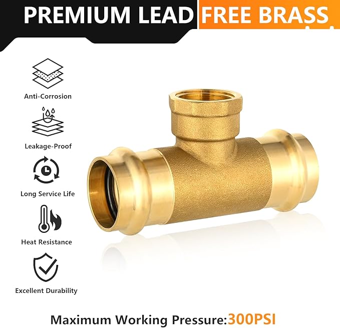 5-Pack HeSun Copper Pressure Fitting Tee, 1"PRESS x 1"PRESS x 3/4"Female NPT Tee, LF Brass