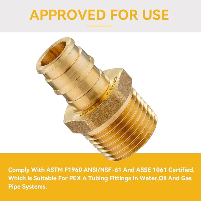 100 Pack PEX-A Fittings,3/4"x 3/4" Brass Expansion Male NPT Adapter,F1960 Male Threaded Adapter for Pex A Tubing(PEX1960018-100Pack)