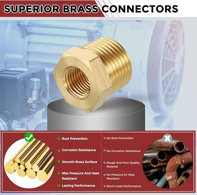 Pack of 5, 3/8" NPT Male to 1/8" NPT FeMale Solid Brass Hex Bushing, Hose Fittings Adapter Threaded Reducer Heavy Duty for Pipe Leak Repair, Bathroom Remodel, Compression