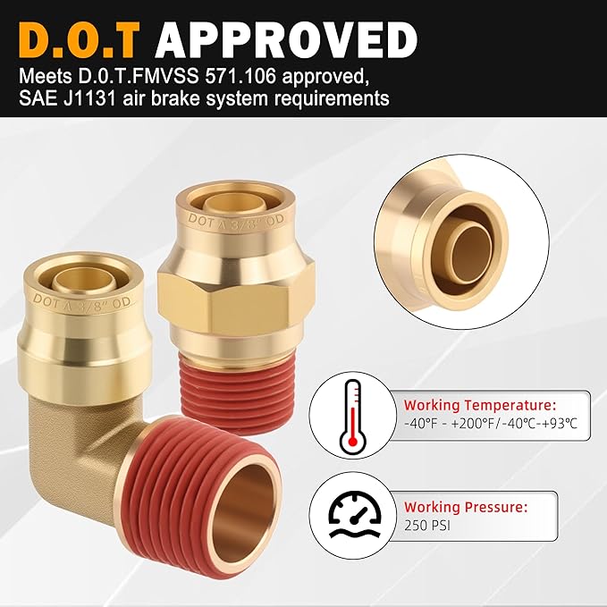 5PCS Quick Push to Connect Fittings, Brass Union Straight DOT Approved 1/4" Tube OD x 1/4" NPT Thread Air Line Adapter for Truck Trailers and Air Brake System