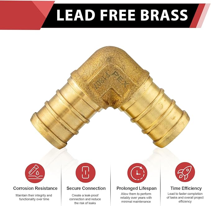 100-Pack EFIELD Barb Crimp Pex 1/2 inch X 1/2 Inch 90 Degree Elbow Brass Fittings For Pex Pipe/Tubing Connection,Potable Water Application,(PEX1807062-100PCS)