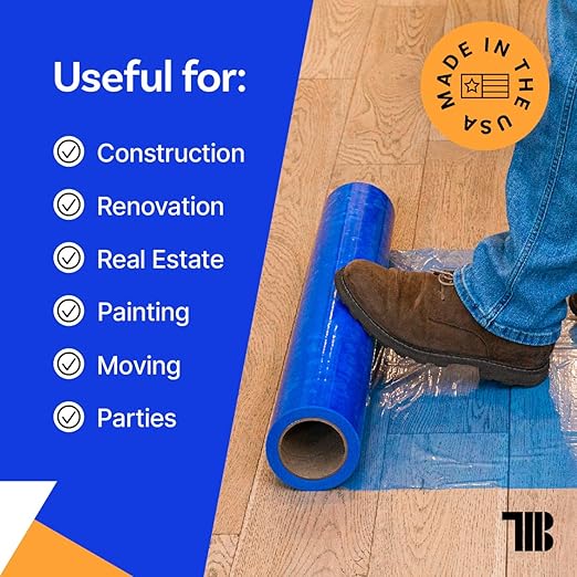 TapeManBlue Floor Protection Film, 36" x 500', Made in USA, Blue Self Adhesive Floor Protector Tape for Moving, Painting and Construction, Temporary Covering to Shield Hardwood, Tile, Hard Surfaces
