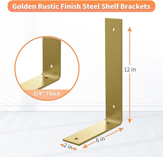 Gold Heavy Duty Shelf Brackets 12 Inch, Extra Thick L Shelving Brackets, Rustic Gold Iron Floating Shelves Wall Mounted with Hardware for DIY Open Shelving, 4 Pack