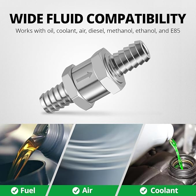 EVIL ENERGY 3/8" (10mm) Check Valve, 3 Pcs Aluminum One Way Fuel Check Valve for Gasoline, Diesel & Coolant with Universal Hose Clamps, Silver