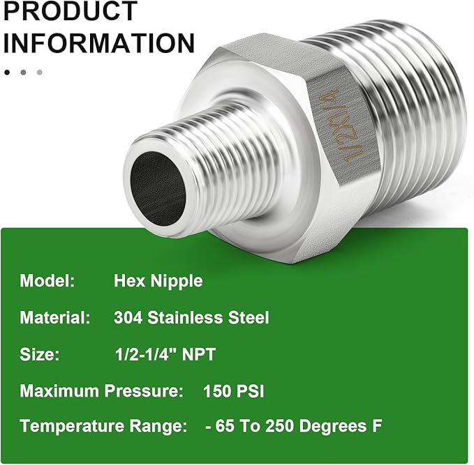 TAISHER 5PCS 304 Stainless Steel New Hex Nipple, 1/2" NPT Male x 1/4" NPT Male, Reducing Pipe Adapter Fitting