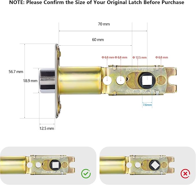 Adjustable Deadlatch Size 60/70mm 45°Turning Angle Square Hole 7.6mm Suitable for Keyed Entry Door Knob/Handle, Door Lock Replacement Parts with Door Strike Plate, Gold/Brass