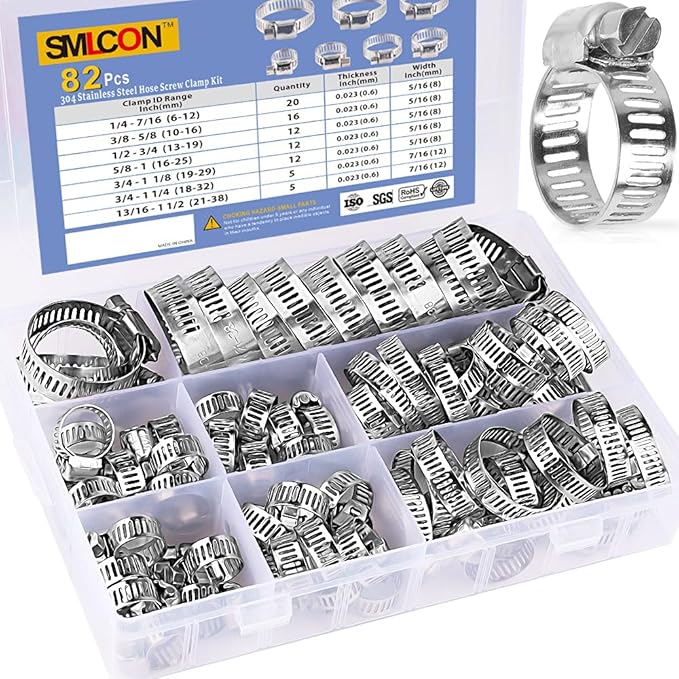 82 PCS Hose Clamp Assortment Kit - 304 Stainless Steel Worm Gear Hose Clamps Adjustable 1/4''- 1-1/2'' (6-38mm) Metal Fuel Line Clamp for Plumbing,Automotive And Mechanical Applications