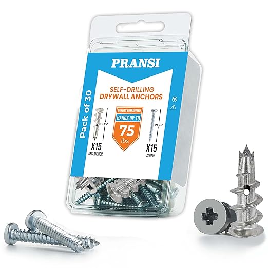 Zinc Drywall Anchors and Screws Kit – 30pcs #8 x 1-1/4” Self Drilling Metal Wall Anchors – Heavy Duty Drywall Anchors Hold Up to 75lbs – No Pre-Drill Required