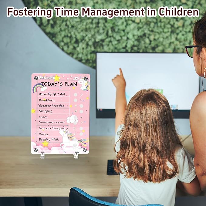 NiHome Acrylic Magnetic to Do List Planning Board with Sliders & Desktop Stand, Kids Chore Chart, Checklist Routine Chart Task Board for Fridge & Desk, for Magnetic Metal Surfaces Only (Pink Unicorn)